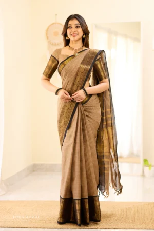 Beige and Black Big Border Chettinad Cotton Saree